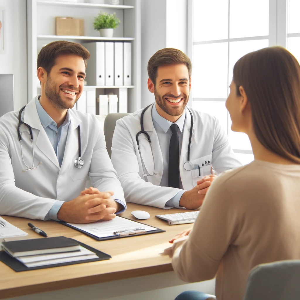 Create an image of a cheerful male and female doctor in a bright medical office consulting with a female patient. The doctors are wearing white coats and stethoscopes. They are sitting at a desk across from the patient, who is facing them. The patient is a woman with her back turned to the viewer, making it difficult to identify her. The doctors are smiling and appear to be in a friendly conversation with the patient. The room is well-lit, signifying a positive and reassuring medical environment. There should be medical charts and a computer on the desk, with some medical equipment in the background.