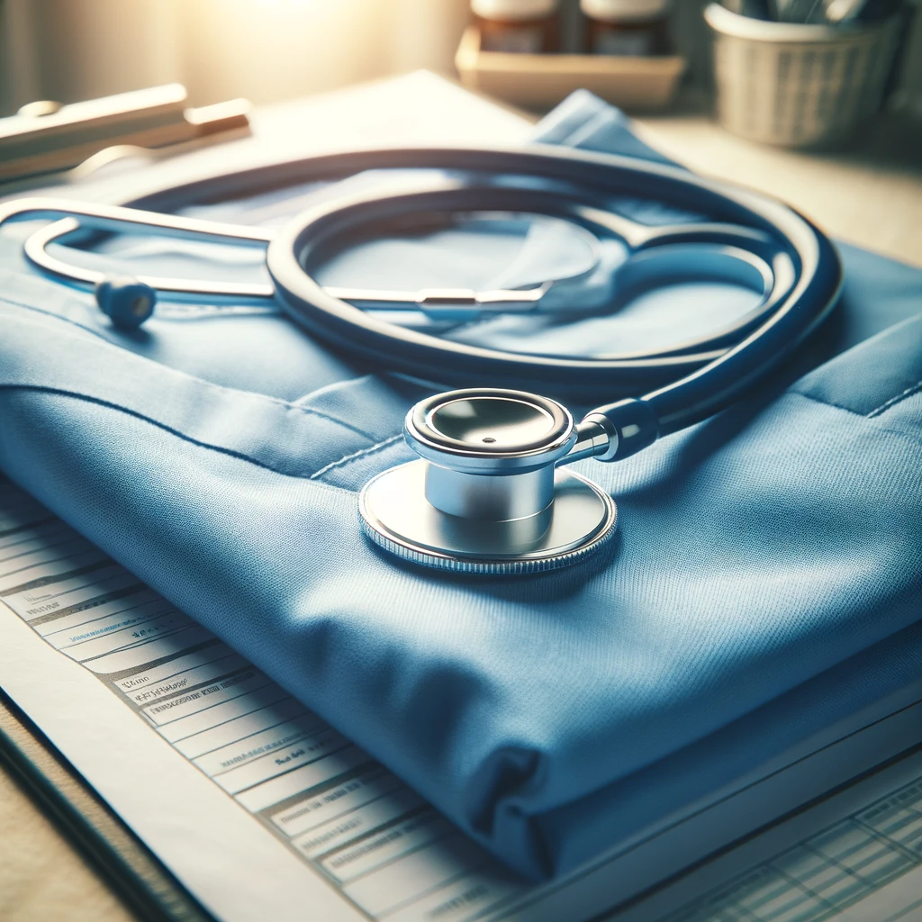 Create an image of a medical stethoscope lying on top of a neatly folded blue scrub uniform. The setting is a doctor's office, with a clipboard filled with patient charts in the background, slightly out of focus. The stethoscope is professional grade, with a shiny silver chest piece. The lighting is bright and clinical, suggesting a clean and sterile environment. The scrub should appear soft and neatly arranged, giving a sense of order and readiness for a medical professional's day at work.